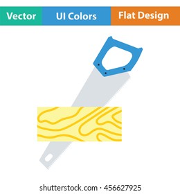 Handsaw cutting a plank icon. Flat color design. . Vector illustration.