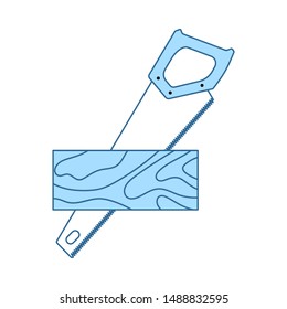 Handsaw Cutting A Plank Icon. Thin Line With Blue Fill Design. Vector Illustration.