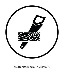 Handsaw cutting a plank icon. Thin circle design. Vector illustration.