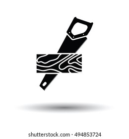 Handsaw cutting a plank icon. White background with shadow design. Vector illustration.