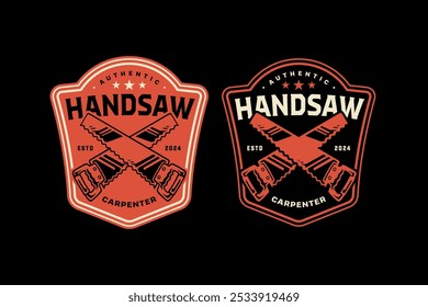 handsaw with handle crossed retro badge logo design for woodwork, craftsman, handyman. traditional handsaw cutting tool emblem logo collection for carpenter, workshop, construction 