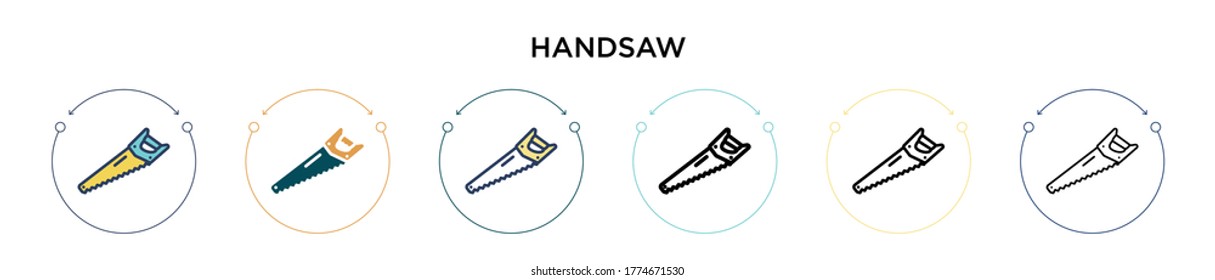 Handsaw icon in filled, thin line, outline and stroke style. Vector illustration of two colored and black handsaw vector icons designs can be used for mobile, ui, web