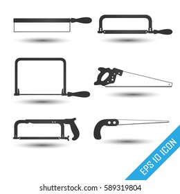 Handsaw icon. Set of silhouettes carpentry tools for sawing wood products. One-handed saws. Simple flat logo of handsaws. Vector illustration.