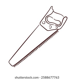 Handsaw with sharp teeth and an ergonomic handle in line art style. Simple monochrome illustration for woodworking, construction or repair theme. Ideal for technical and industrial design.