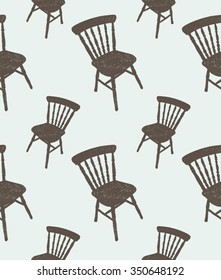 Hands-drawn brown silhouette of a wooden chair seamless pattern