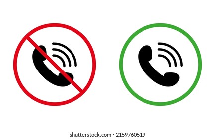 Handset Call Black Silhouette Icon Set. No Receive Incoming Call Mobile Phone Red Forbidden Round Sign. Accept Talk Allow Area Green Circle Symbol. Warning Keep Silence. Isolated Vector Illustration.