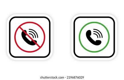 Handset Call Black Silhouette Icon Set. Accept Talk Allow Area Green Circle Symbol. Not Receive Incoming Call Mobile Phone Red Forbidden Round Sign. Warning Keep Silence. Isolated Vector Illustration.