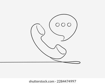 Handset en la nube de la ilustración vectorial de la línea de diálogo. Teléfono móvil de una línea continuo. Esquema de notificación de llamada entrante. 