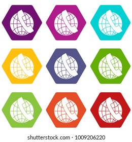 Handset and globe icon set many color hexahedron isolated on white vector illustration