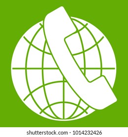 Handset and globe icon white isolated on green background. Vector illustration
