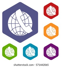 Handset and globe icons set rhombus in different colors isolated on white background