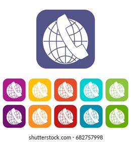 Handset and globe icons set vector illustration in flat style in colors red, blue, green, and other