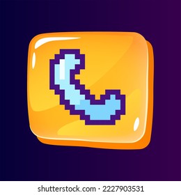 Handset glossy ui button with pixelated color icon. Call service. Telephone communication. Editable 8bit graphic element on shiny glass rectangle shape. Isolated image for arcade, video game design