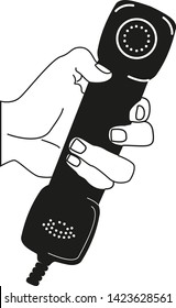Handset in hand. Holding telephone Old classic phone Vector illustration Isolated on background.