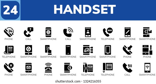 handset icon set. 24 filled handset icons.  Simple modern icons about  - Phone, Call, Smartphone, Telephone