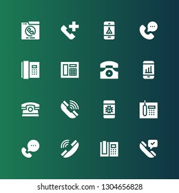 handset icon set. Collection of 16 filled handset icons included Phone call, Phone, Telephone, Call