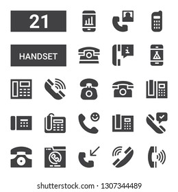 handset icon set. Collection of 21 filled handset icons included Call, Telephone, Phone call, Phone receiver, Calling, Phone