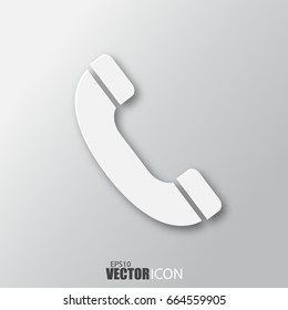 Handset icon in white style with shadow isolated on grey background. For your design, logo. Vector illustration.