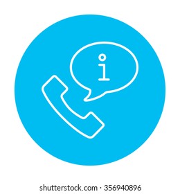 Handset with information sign line icon for web, mobile and infographics. Vector white icon on the light blue circle isolated on white background.