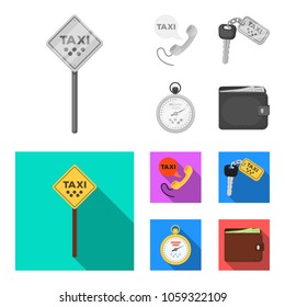 Handset with the inscription of a taxi, car keys with a key fob, a stopwatch with a fare, a purse with money, dollars. Taxi set collection icons in monochrome,flat style vector symbol stock