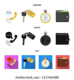 Handset with the inscription of a taxi, car keys with a key fob, a stopwatch with a fare, a purse with money, dollars. Taxi set collection icons in cartoon,black,flat style vector symbol stock