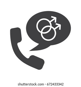 Handset with interlocked man signs inside speech bubble. Glyph icon. Silhouette symbol. Gays. Negative space. Vector isolated illustration