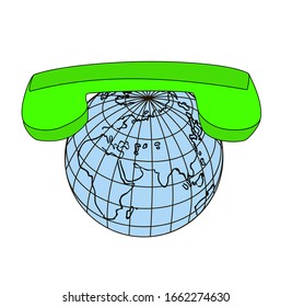 the handset lies on the globe. concept of communication with the whole world. vector illustration.