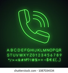 Handset neon light icon. Incoming call. Hotline. Telephone support. Glowing sign with alphabet, numbers and symbols. Vector isolated illustration