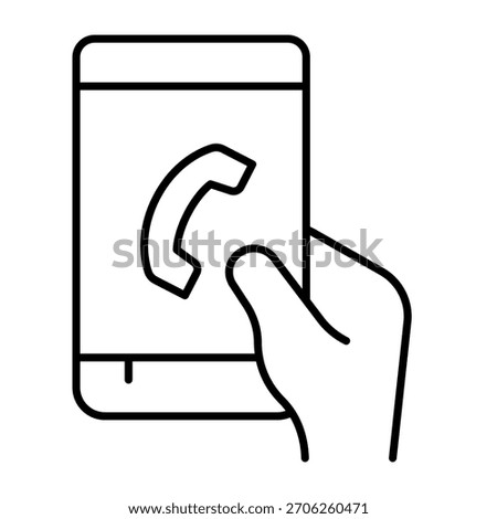 Handset on smartphone screen thin line icon, touchscreen mobile phone for call concept, cellphone in hand sign on white background, outline style icon for mobile and web design. Vector graphics