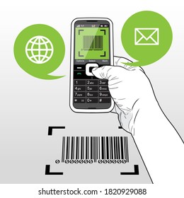 A "Handset Phone" scanning a Bar Code. Call out speech balloons indicates a website (Globe) - and email (envelope).