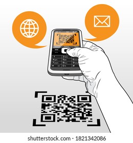 A "Handset Phone" scanning a QR Code. Call out speech balloons indicates a website (Globe icon) and email (Envelope icon).