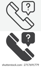 Handapparat mit Fragezeichen anderer Stil-Symbolsatz. Linie, Umriss und durchgezogenes Vektorsymbol mit bearbeitbarem Strich. Telefonsymbol für Anfrage, Support und Interviewsymbol.