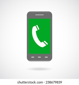 Handset sign on smart phone screen Icon. Modern telephone communication device with phone, internet browsing and multimedia functions and with phone handset sign. Flat Design. Vector illustration