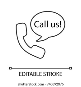 Handset and speech bubble with call us inside linear icon. Hotline. Thin line illustration. Voice message. Contour symbol. Vector isolated outline drawing. Editable stroke