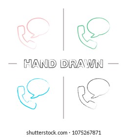 Handset with speech bubble hand drawn icons set. Hotline. Telephone support. Voice message. Color brush stroke. Isolated vector sketchy illustrations