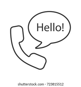 Handset und Sprechblase mit Hallo innerhalb eines linearen Symbols. Hotline. Dünne Illustration. Talk-Kontursymbol. Vektor-einzelne Rahmenzeichnung