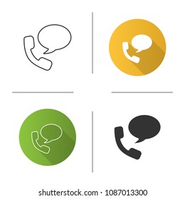 Handset with speech bubble icon. Hotline. Telephone support. Voice message. Flat design, linear and glyph styles. Isolated vector illustrations