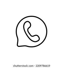 Handset in speech bubble line icon. Phone, near the planet. Calls around the world. Phone number, communication, dialogue. Connection concept. Vector black line icon on white background