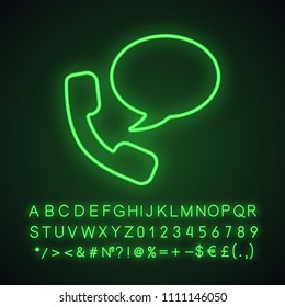 Handset with speech bubble neon light icon. Hotline. Telephone support. Voice message. Glowing sign with alphabet, numbers and symbols. Vector isolated illustration