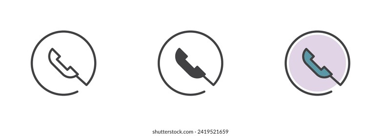 Handset Telefon verschiedenen Stil Symbol Set. Linie, Glyph und gefüllte Umrissversion, Umriss und ausgefülltes Vektorzeichen. Rufsymbol, Logo-Abbildung. Vektorgrafik