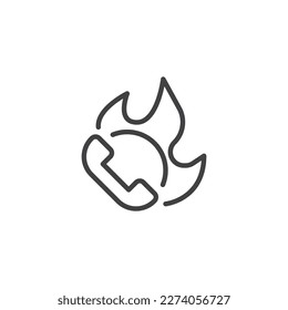 Handset-Telefon und Brandflamme-Symbol. lineares Stilzeichen für mobiles Konzept und Webdesign. Umriss-Vektorsymbol der Hotline. Symbol, Logo-Abbildung. Vektorgrafik