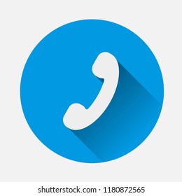 Handset vector icon on blue background. Flat image  Phone icon with long shadow. Layers grouped for easy editing illustration. For your design.