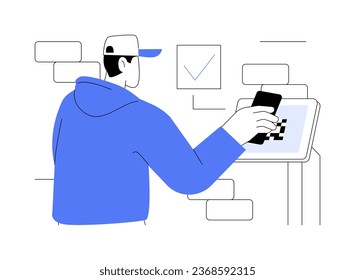 Ilustración vectorial de concepto abstracto de acceso sin manos. Man utiliza el acceso inalámbrico basado en smartphone, proceso de autenticación, registro de entrada sin contacto, idea de seguridad, metáfora abstracta de tecnología empresarial.