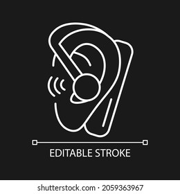 Handsfree headset white linear icon for dark theme. Connected to smartphone. Calling while driving. Thin line customizable illustration. Isolated vector contour symbol for night mode. Editable stroke