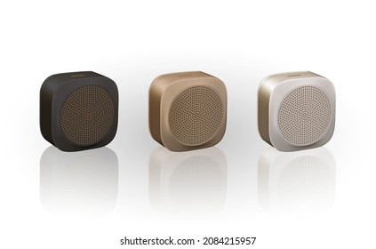 handsfree portable outdoor speakers realistic vector illustration. 3d concept model of wireless square speaker Music column front view Isolated on white. Golden, white, black computer accessorises