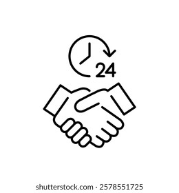 Handshake and 24 hours clock. Non-stop care, support and assistance. Pixel perfect vector icon