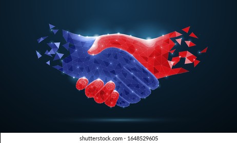 Handshake. Abstract close up handshake isolated on blue background. Business agreement, teamwork symbol. Businessman cooperation, corporate meeting, contract, friendship concept vector illustration