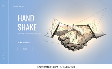 Handshake. Abstract illustration isolated on light background. Polygonal wireframe composition. Gesture hands. Development symbol. Plexus lines and points in silhouette.