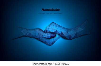 Handshake. Abstract illustration two hands handshake isolated on dark background. Symbol future or innovation or technology. Low poly wireframe. Particles are connected line. Low poly wireframe. 