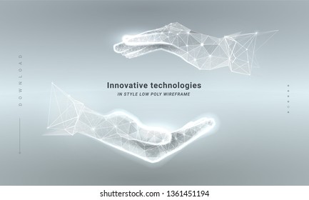 Handshake. Abstract illustration two hands handshake isolated on white background. Symbol future or innovation or technology. Low poly wireframe. Particles are connected line. Low poly wireframe. 